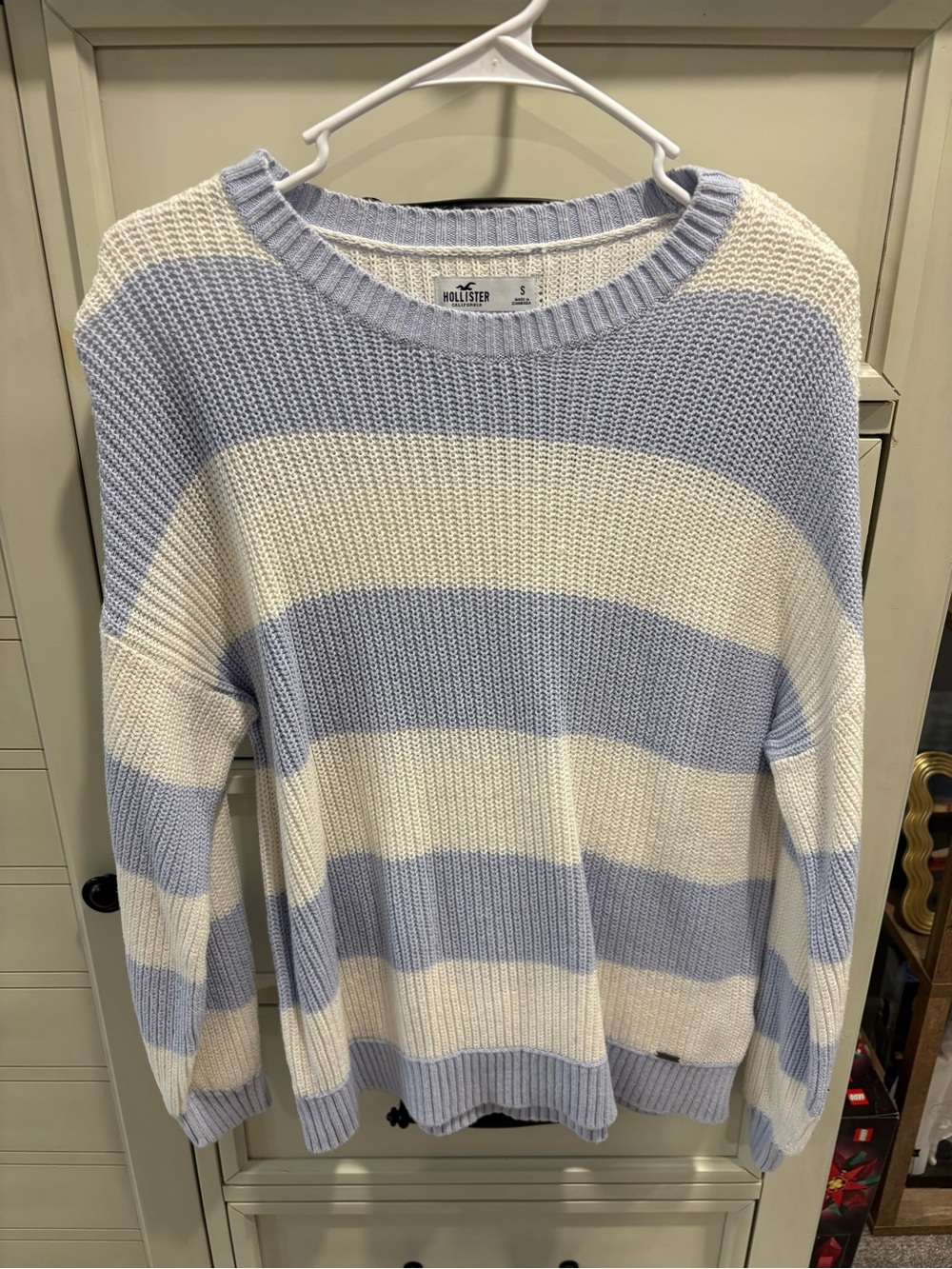 Hollister Light Blue and White Striped Crewneck Sweater